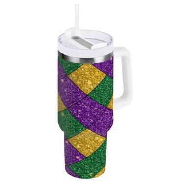 Imagem de Blueangle Copo isolado de grade diamante Mardi Gras 1,134 g com alça e tampa de palha, caneca de viagem reutilizável de aço inoxidável (629)