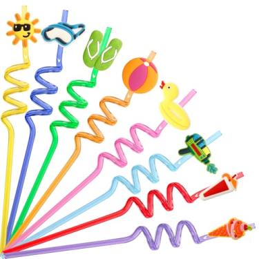 Imagem de NIEITRK 8 canudos divertidos com tema de luz do sol de verão, canudos de festa tropical brilhante para decorações de aniversário, lembrancinhas de festa na praia e sacos de presentes