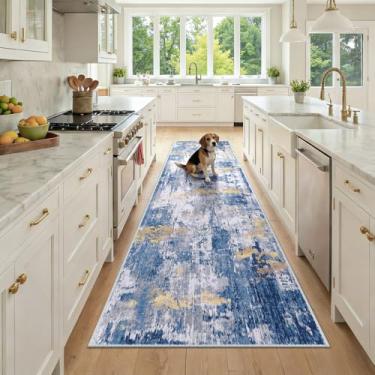 Imagem de RELEANY Tapetes laváveis 9,5 x 23,5 cm, antiderrapante, moderno, abstrato, macio para sala de estar, entrada, quarto, berçário, estampado, cinza, azul, ouro/dourado