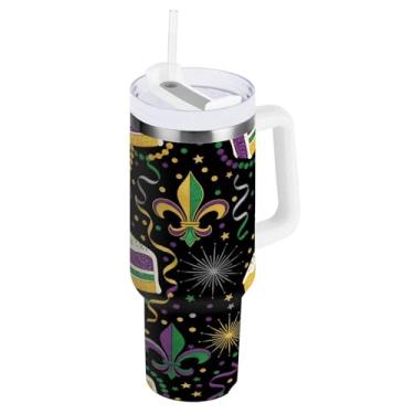 Imagem de Blueangle Copo isolado de fatias de bolo de carnaval de 850 g com alça e tampa de palha, caneca de viagem reutilizável de aço inoxidável (537)