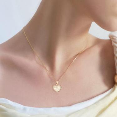 Imagem de Colar feminino com pingente de coração de amor com strass, banhado a ouro, elegante, pingente de cristal, corrente de elos ajustáveis, joias de aniversário de casamento para ela, 45,7 cm, Medium, Sem