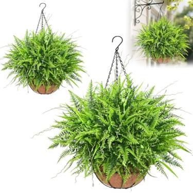 Imagem de Yastouay Pacote com 2 samambaias artificiais penduradas para ambientes externos, resistentes a UV com cestos pendurados, samambaias falsas para plantação ao ar livre para jardim, decoração de