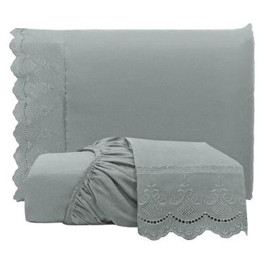 Imagem de Jogo De Lençol Realce Casal 3 Peças Percal 300 Fios Bordado Inglês Macio - Cinza - 100% Poliéster