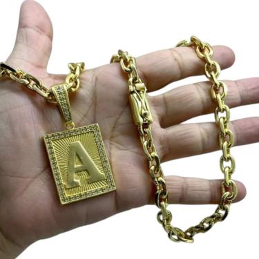 Imagem de Cordão 8Mm Cadeado + Pingente Letra - Banhado A Ouro