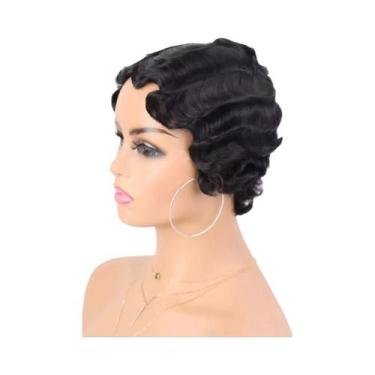 Imagem de Peruca Curta Cacheada Sintética Com Ondas Finger Wave Para Mulheres, E
