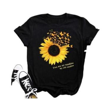 Imagem de Camiseta Preta Com Estampa De Borboleta E Girassol Kawaii Para Mulhere
