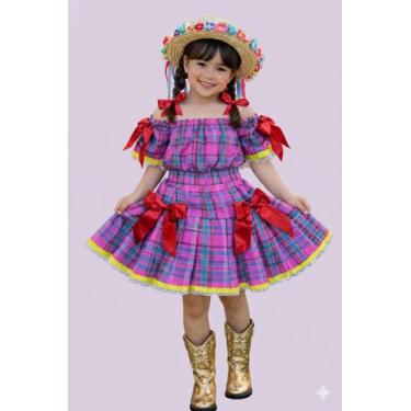 Imagem de Conjunto Infantil Junino Ciganinha Rosa Chiclete Xadrez Colorido - Mal