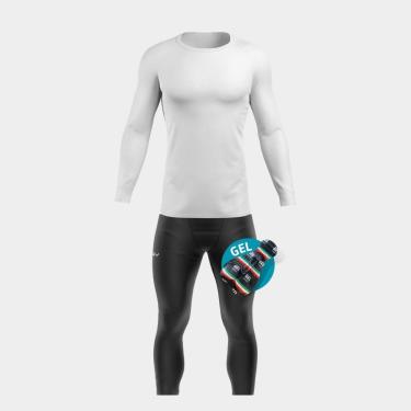 Imagem de Conjunto de Ciclismo Masculino Camisa Manga Longa Branca Proteção Uv e Calça Forro Gel-Masculino