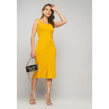 Imagem de Vestido Midi Fenda Canelado Mostarda Salvatore, P