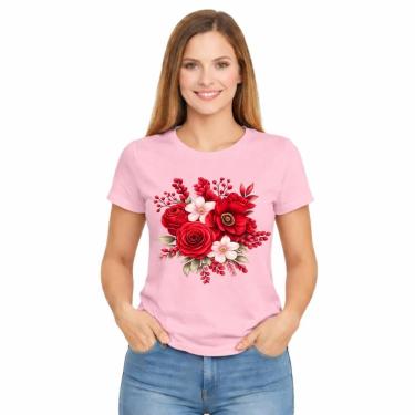 Imagem de Camiseta Feminina Estampada Rosa Flores Vermelhas Premium-Feminino