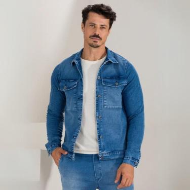 Imagem de Jaqueta Masculina Jeans Gola Tradicional Fecho Em Botões Manga Longa com Botão Bolso Fr...