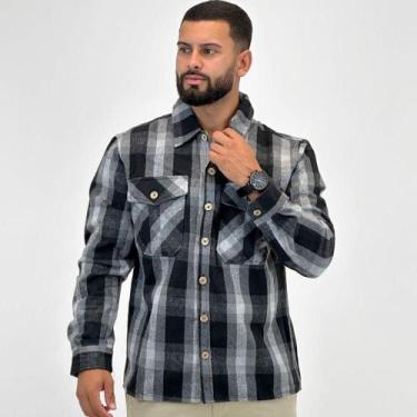 Imagem de Camisa Gangster Manga Longa Xadrez em Flanela Masculina, P, Cinza