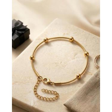 Imagem de Pulseira Feminina Bolinhas Aço Inoxidável Banhada Ouro 18k ajustável -
