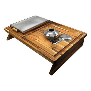 Imagem de Tábua de Carne Para Churrasco Madeira Teca Com Chapa Alumínio Fogareir