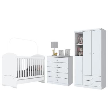 Imagem de Dormitório Infantil Bala De Menta Com Guarda Roupa, Cômoda E Berço Branco Brilho - Móveis Henn Branco Brilho