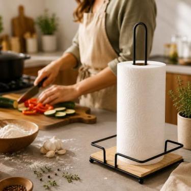 Imagem de Suporte Papel Toalha De Mesa Metal Base Madeira 30cm - KeHome