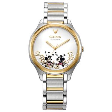 Imagem de Citizen Eco-Drive feminino Disney Mickey e Minnie Mouse aço inoxidável dourado em dois tons, 3 ponteiros, 35 mm (modelo: EM0754-59W), Dois tons, 9 inches, Clássico