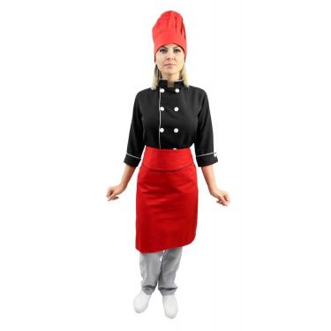 Imagem de Kit chef cozinha feminino Dolmã manga 3/4 + Avental vermelho + Chapéu vermelho