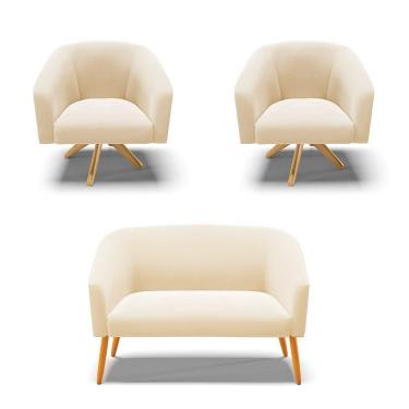 Imagem de Kit 1 Namoradeira E 2 Poltronas Giratória Base Madeira Bege