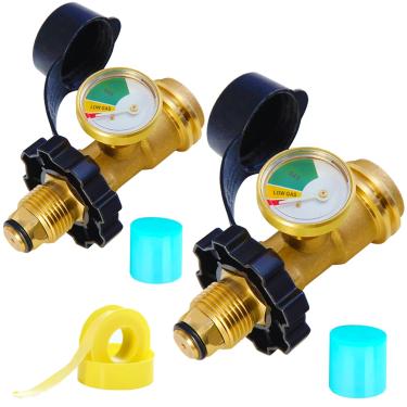 Imagem de Pacote com 2 adaptadores de tanque de propano POL com medidor converte válvula de serviço de tanque POL LP para QCC1/Tipo 1, tipo de conexão antigo para novo, medidor de tanque de propano de 2,3 a 45,4 kg para trailers, churrasqueira a gás, aquecedor, etc