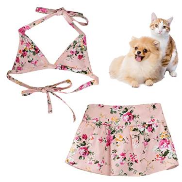Imagem de Traje de banho havaiano para cachorro verão praia biquíni vestido floral para festa foto de cachorro algodão macio respirável sutiã saia 2 peças, rosa, 14/L