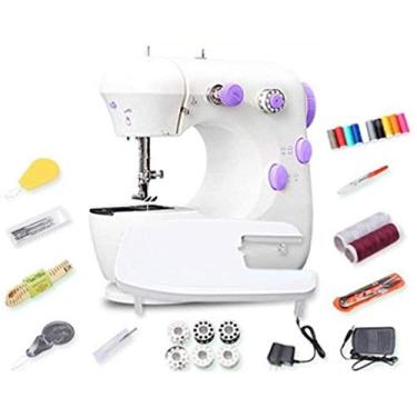 Imagem de Máquina de costura doméstica mini máquina de costura multifuncional elétrica pequena máquina de costura manual (18 acessórios ) roxo atualizado
