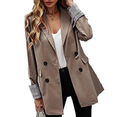 Imagem de Jaqueta blazer feminina, blazer liso frente aberta colarinho virado para baixo trabalho escritório casaco esportivo para festa, cáqui, XGG (busto: 113 cm)