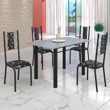 Imagem de Conjunto Sala de Jantar Bahia Mesa Tubo 120x75cm Tampo Pedra Granito Ocre com 4 Cadeiras Preto Floral/Preto