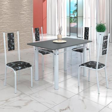 Imagem de Conjunto Sala de Jantar Bahia Mesa Tubo 120x75cm Tampo Pedra com 4 Cadeiras Preto Floral/Branco