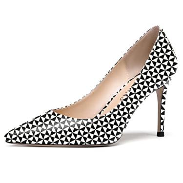 Imagem de WAYDERNS Sapatos femininos foscos de bico fino sem cadarço, salto alto stiletto, sapatos de vestido de casamento 8,8 cm, Triângulo preto e branco, 10
