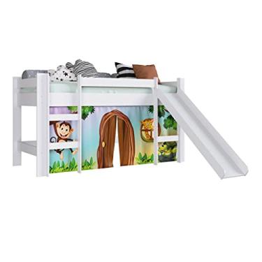Imagem de Cama Elevada com Escorregador Cortina Estampada Zoo Branco Lilies Móveis