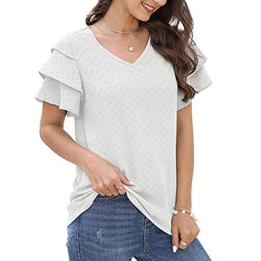 Imagem de Camiseta Feminina, Leve Com Decote Em V, Punhos Elegantes Com Babados para Compras (S)