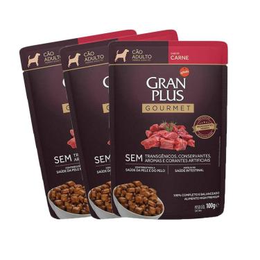 Imagem de KIT 3 Ração Úmida Gran Plus Gourmet Cães Adultos Carne 100g