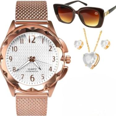 Imagem de Relogio feminino prova dagua social medio + caixa presente premium + oculos sol original + kit joias colar e brincos folhadas moda casual luxo