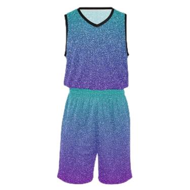 Imagem de CHIFIGNO Camiseta de basquete infantil com glitter dourado, tecido macio e confortável, vestido de jérsei de basquete 5T-13T, Glitter verde e roxo, PP