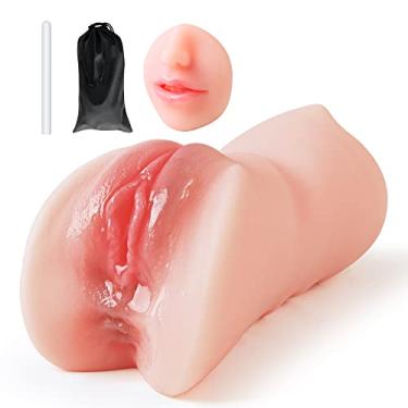 Imagem de 3 em 1 masturbador masculino buceta de bolso realista com bastão de secagem e saco de armazenamento à prova d'água, brinquedo sexual masculino de ponta dupla Onahole língua de boca vagina texturizada e ânus apertado para masturbação masculina (Carne)