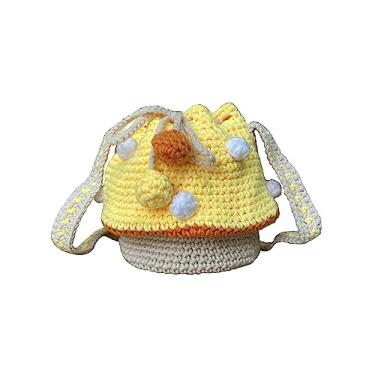 Imagem de XIAYUPAGU Bolsa de malha feita à mão com estampa de cogumelo de lã para mulheres, bolsa tiracolo com cordão, Amarelo