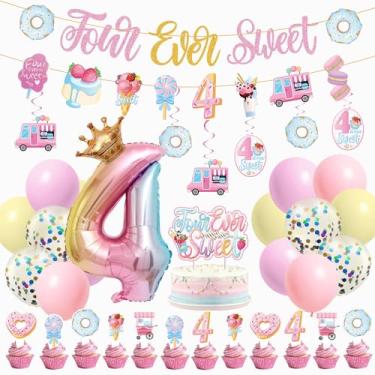 Imagem de JUYRLE Four Ever Sweet Birthday Decorations Girl- Ice Cream Birthday Party Decorations with Donut Banner Ice Cream Cake Toppers 4th Foil Balloon Arch for 4 Year Old Macaron Birthday Party Supplies