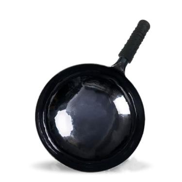 Imagem de Frigideira Wok chinesa martelada à mão Woks frigideiras, sem revestimento, menos óleo, panela antiaderente, frigideira de aço carbono (diâmetro 34 cm/13,38 pol)