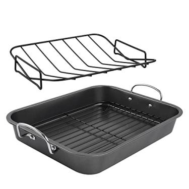 Imagem de kitCom Assadeira antiaderente, assadeira com rack - Grelha retangular de 40 cm adequada para peru, frango assado, presunto, lavável na lava-louças (9,5 QT)