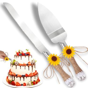Imagem de ShellKingdom Conjunto de facas de bolo, faca de talheres de bolo e pá com estilo barroco, talheres de aço inoxidável para casamentos personalizados, aniversário, festa, Natal (girassol)