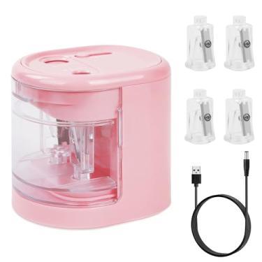 Imagem de AUAUY Apontador de lápis elétrico automático com 2 tamanhos de furos, operado por bateria com 4 suportes de faca e carregador, para lápis padrão e de maquiagem (rosa)