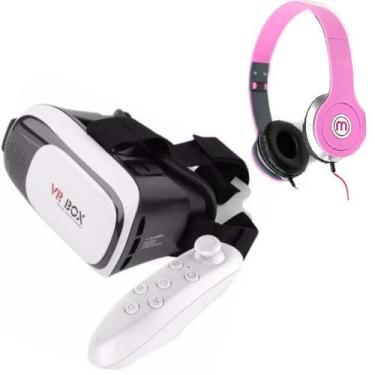 Imagem de Óculos Vr 3d + Controle Bluetooth + Fone De Ouvido - Vr Box, Fone Rosa