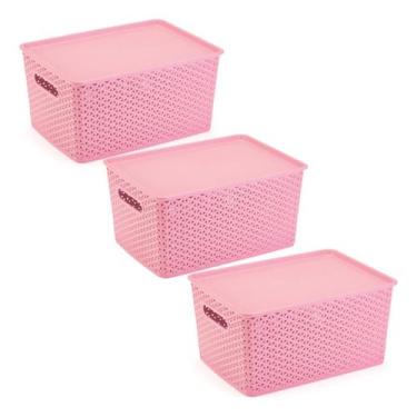 Imagem de 3 Caixas Organizadoras Com Tampa Grande 15 Lts Rattan Rosa - Plasnorth