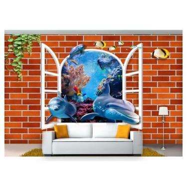 Imagem de Papel De Parede Golfinhos Janela Fundo Mar 3D 7,50m² Fm105 - Você Deco