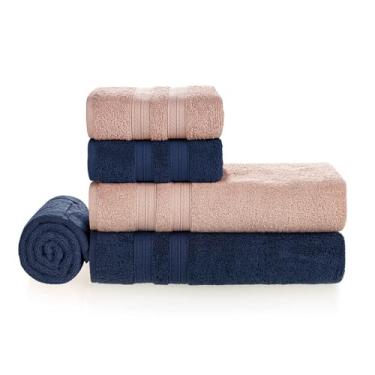 Imagem de Jogo de Toalhas de Banho Gigante 100% Algodão Macia Alta Absorção Karsten Unika, Banhão 500g/m² - 5 Peças (Rose + Naval)