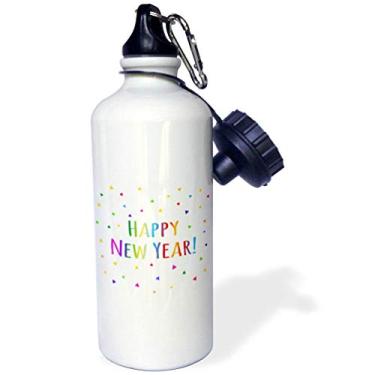 Imagem de 3dRose Garrafa de água esportiva multicolorida Happy New Year colorido com texto de arco-íris confetes triângulos - 600 ml