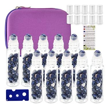 Imagem de fengshuisale Frasco de óleo essencial de 10 ml com estojo de viagem de EVA (garrafa de vidro transparente com tampa prateada, pacote com 10 unidades, esferas de rolo de pedras preciosas, lascas de