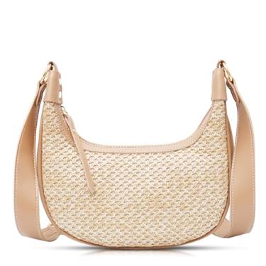 Imagem de Bolsa transversal para mulheres, bolsa de praia de palha, bolsas tecidas à mão, alças de ombro de couro intercambiáveis, bolsa de ombro adequada para férias e viagens diárias (cáqui), Caqui, One Size