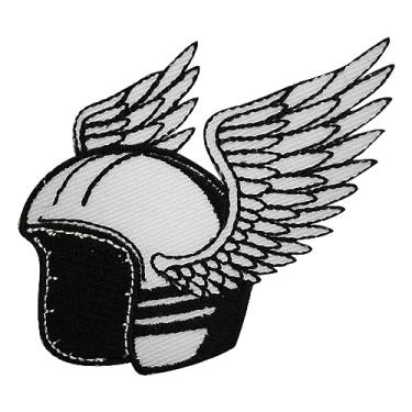Imagem de Patch de motociclista, capacete de motociclista com asas, patch de corrida bordado ferro na costura emblema para roupas etc. 9 x 6 cm